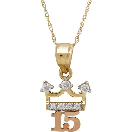 Simply Gold Precious Sentiments 10kt Yellow and Pink Gold Sweet 15 with CZ Pendant, 18