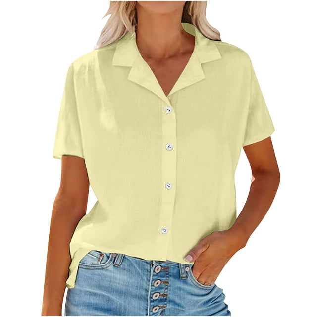 Womens Short Sleeve Casual Button Down Shirts Summer Soft Fashion Blouses Loose Collared V Neck Work Tops