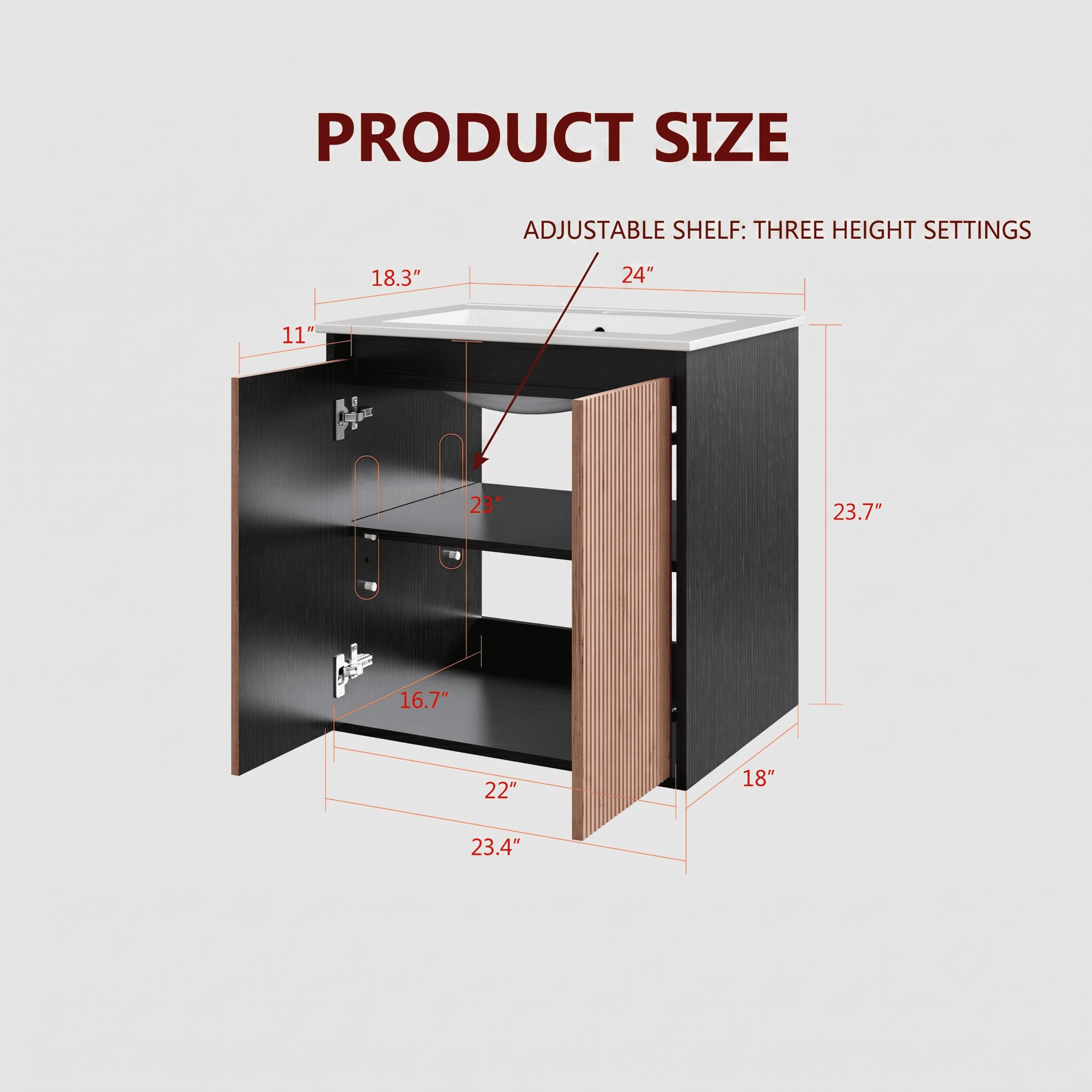 24 Inch Modern Bathroom Vanity Base Cabinet Only, Freestanding or Wall-Mounted with Soft Close Double Doors & Adjustable Shelf, Aluminum Legs (23.4" W x 17.9" D, Walnut & Black, No Sink)
