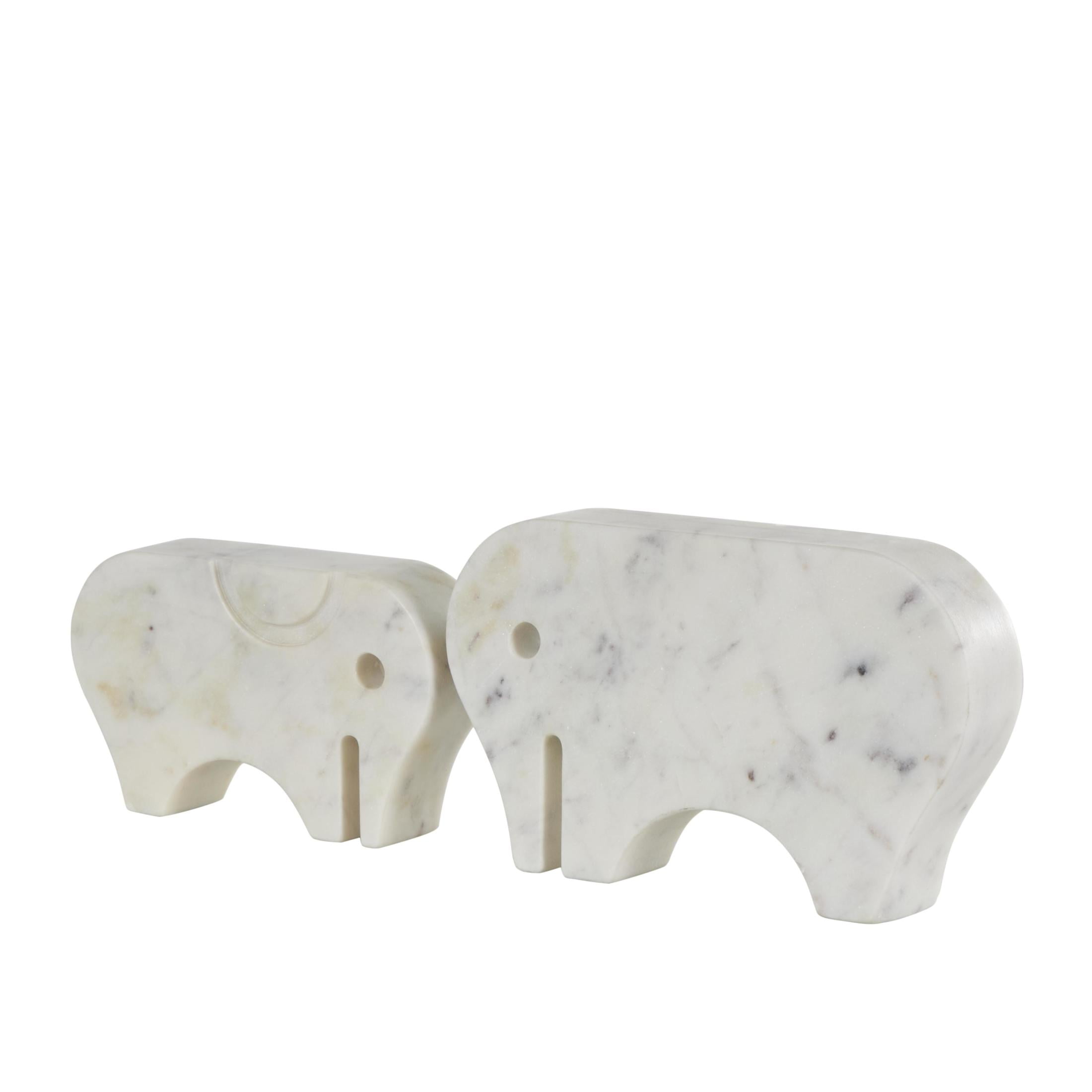 6", 5"H White Marble Rounded Abstract Elephant Sculpture with Gray Marble Veins and Cutouts, by DecMode (2 Count)