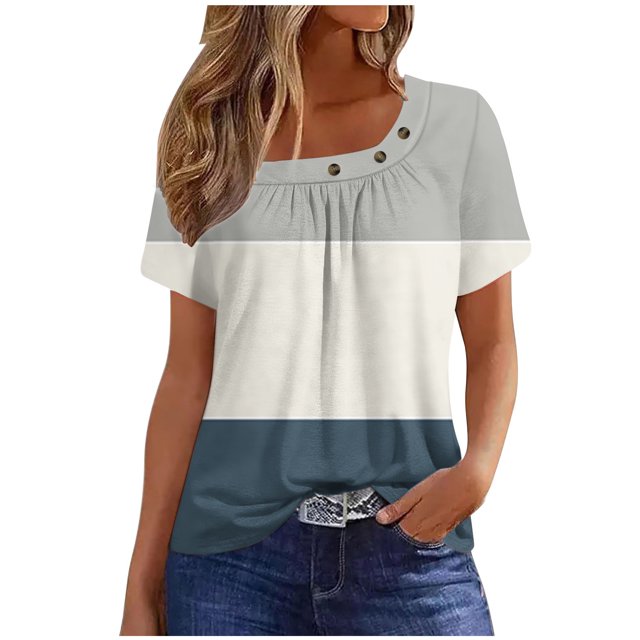 Fiudx Ofertas y Liquidaciones Camiseta Plisada de Manga Corta con Cuello Estampado para Mujer