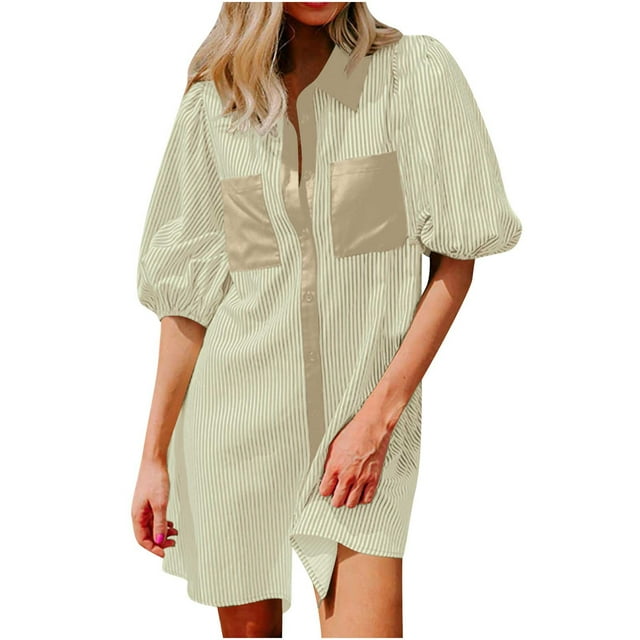 Camisas de Cuello en V de Manga Corta para Mujeres Vestido de Túnica de Rayas con Botón de Verano con Bolsillos, 95% Poliéster 5% Spandex para Diario Y Fiesta