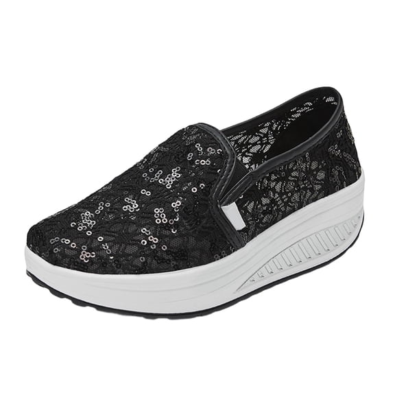 Miqool Womens Sequin Mesh Platform Shoes Slip On Breathable Thick Sole Casual Comfortable Shoes