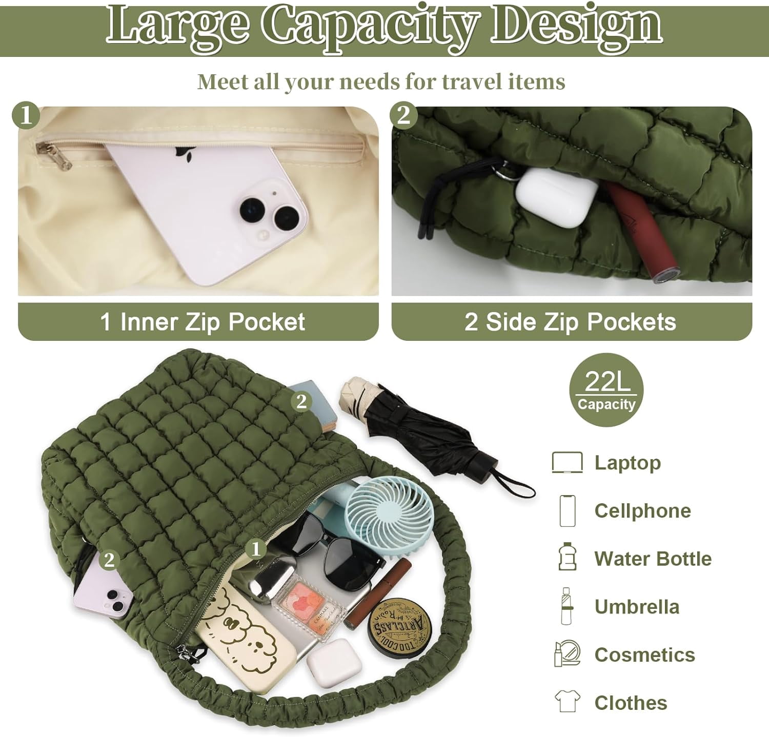 Lohol Quilted Puffer Tote Bag for Women - Large Crossbody Bag, Lightweight Nylon Puffy Carryall Hobo Puff Shoulder Bag-Dark Green