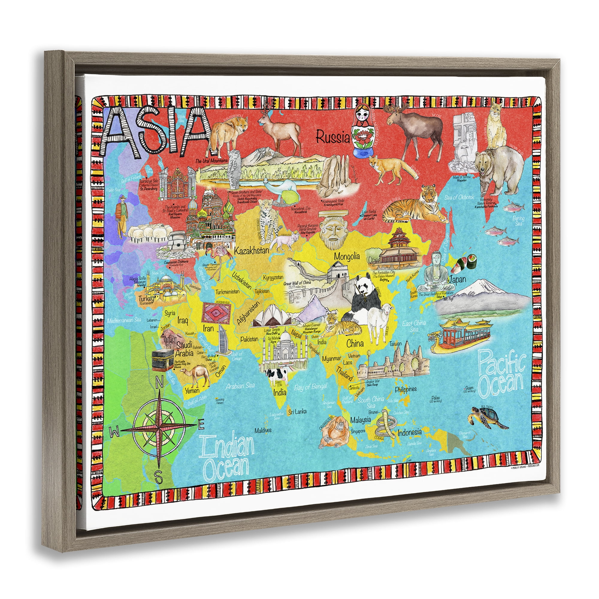 Stupell Industries Asian Animal Map Town & City Painting Brown Floater Framed Art Print Wall Art, 31 x 25