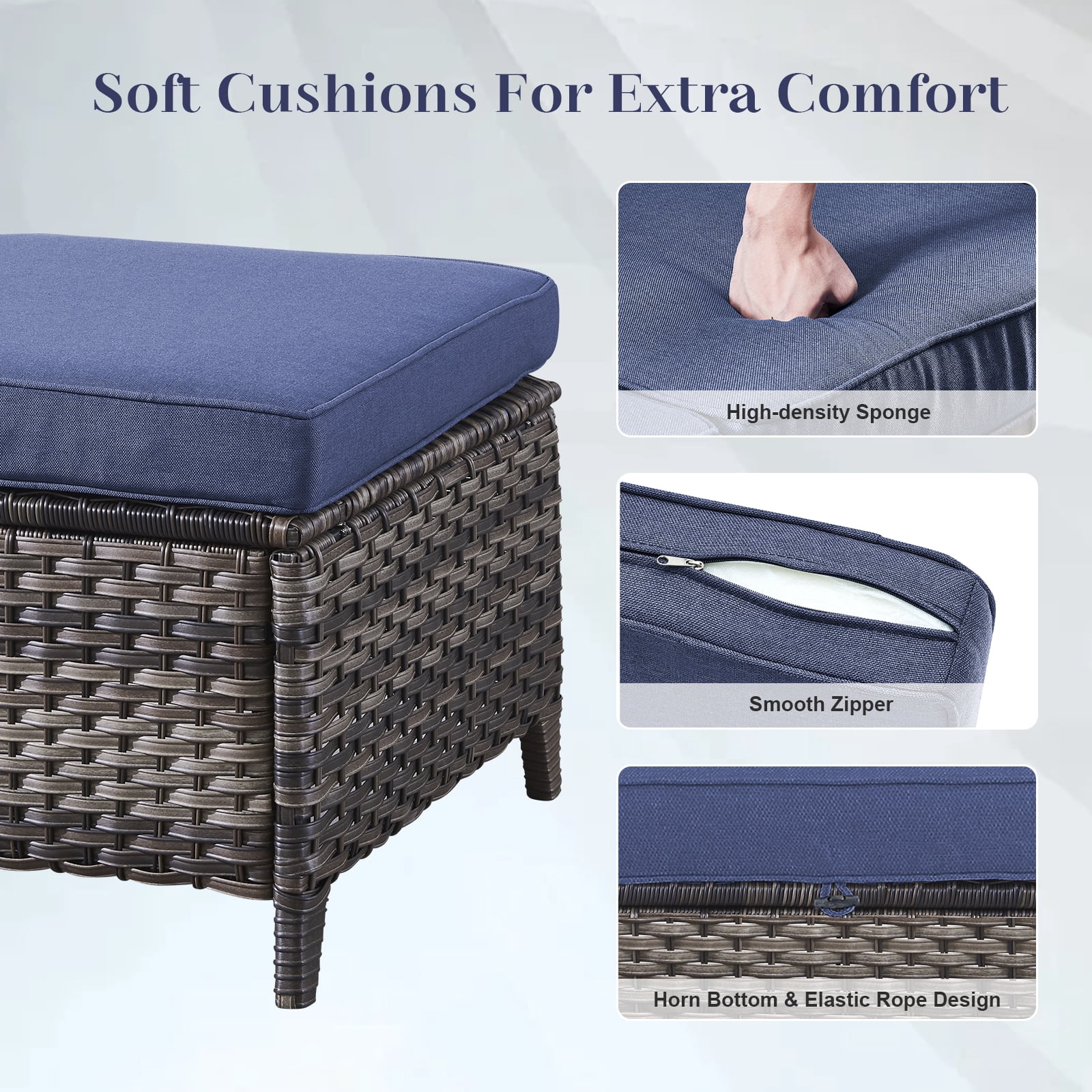 POCASSY 4 Pieces Patio Furniture Set with Swivel Chairs and Ottomans, High Back Deep Seat Cushioned Wicker Outdoor Swivel Chairs Set of 2 with Ottoman for Porch & Balcony, Gray/Blue