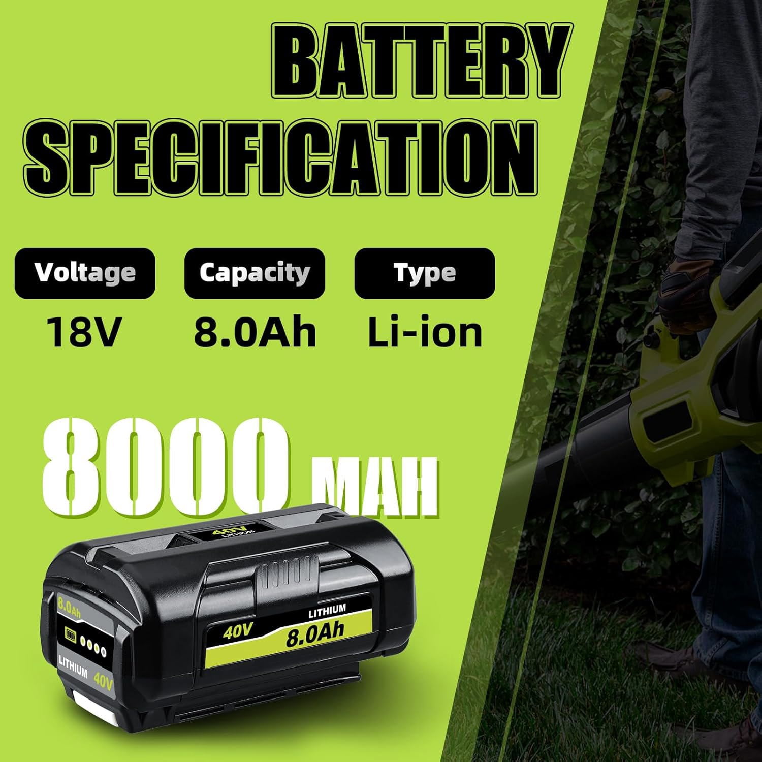 Upgraded 2Pack 8.0Ah Replacement for Ryobi 40V Battery Compatible with OP40201 OP4026 OP4030 OP4040 OP4050 OP4050A OP4060 OP40601 OP40602 OP4060A OP4075A