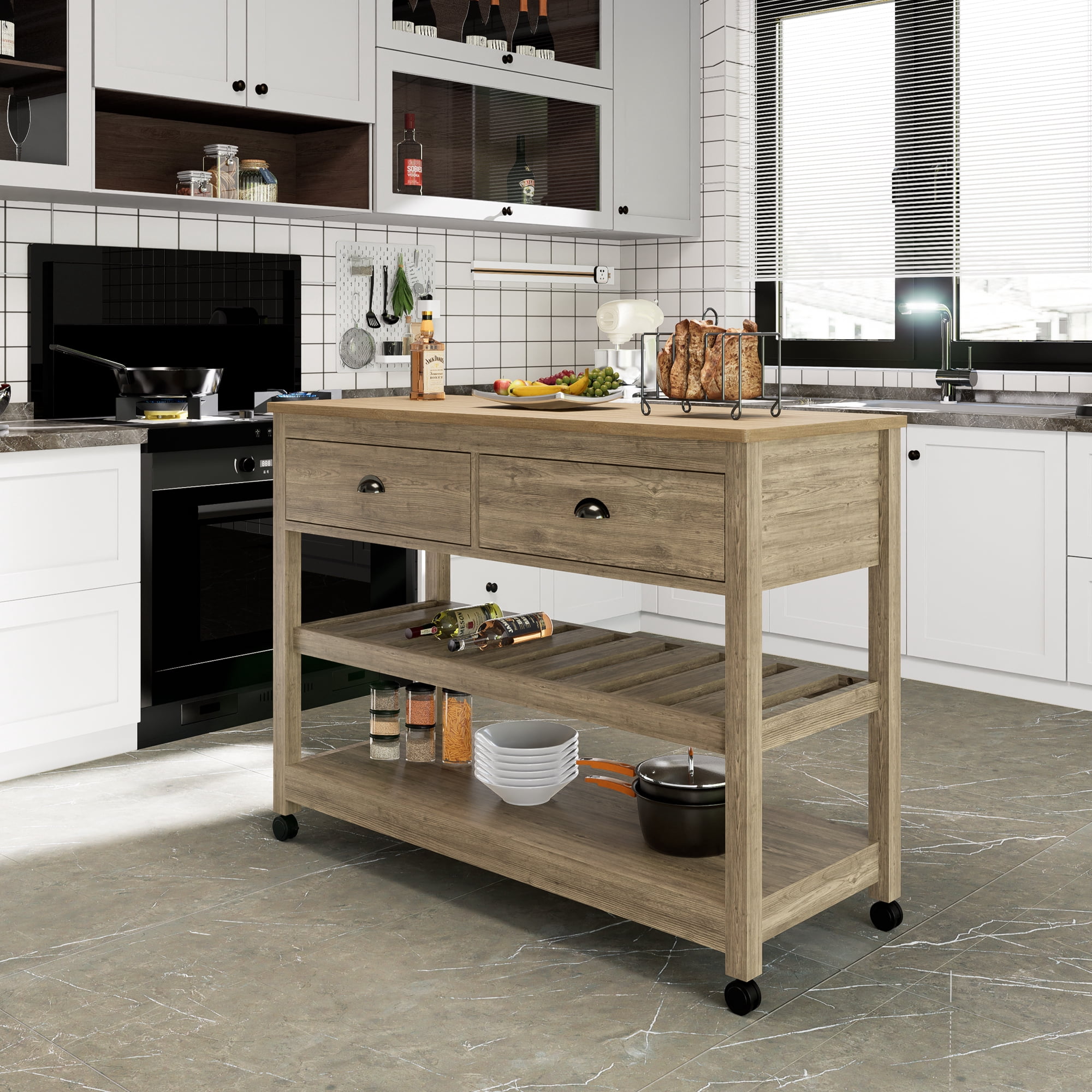 CONSDAN Kitchen Island, Kitchen Cart with Storage, Kitchen Island on Wheels, Kitchen Storage Islands & Carts, Two-Tier Open Shelf Kitchen Island-Natural