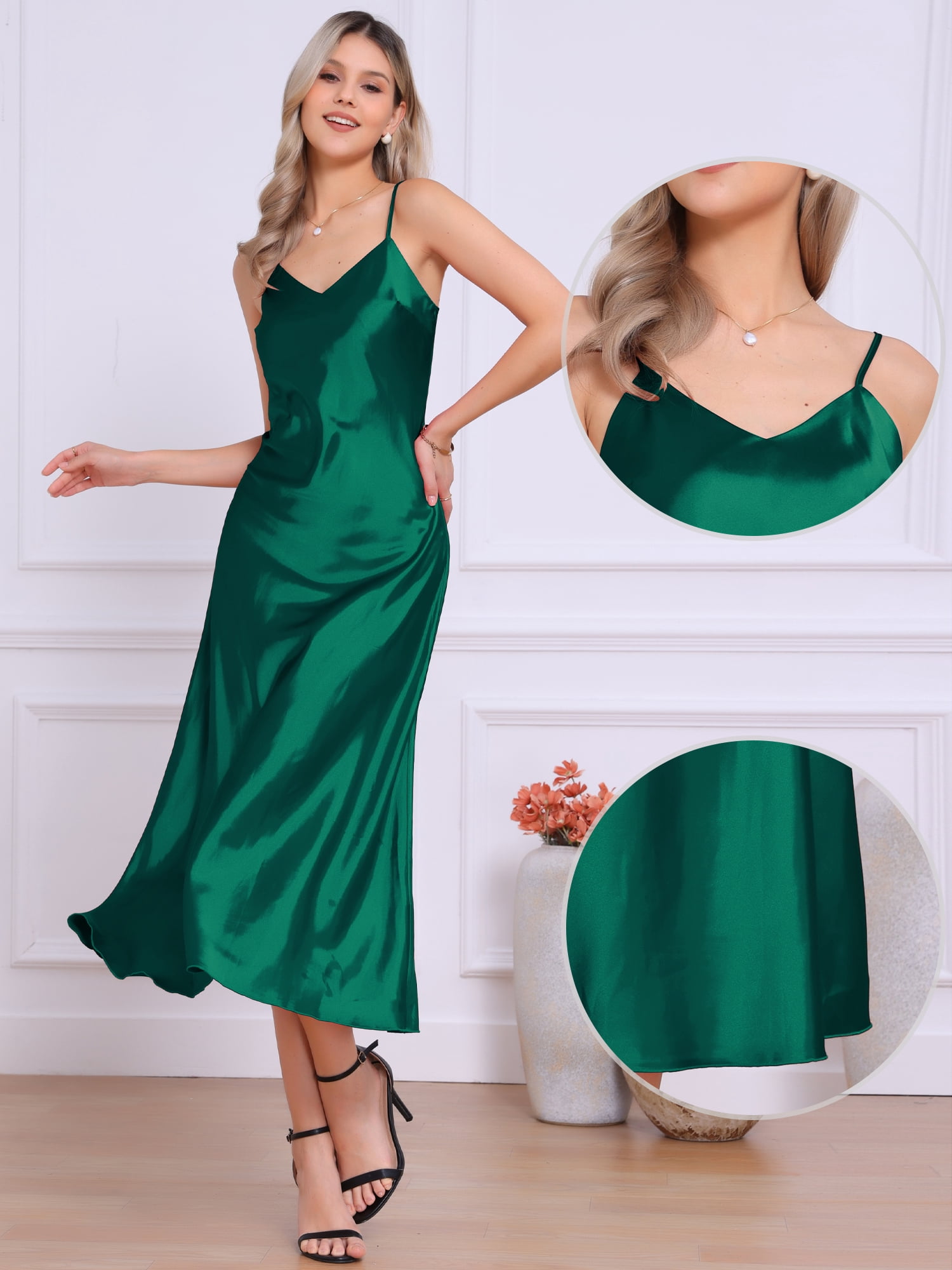 DARING DIVA Satin V Neck Spaghetti Strap Silky Maxi Dress M Green