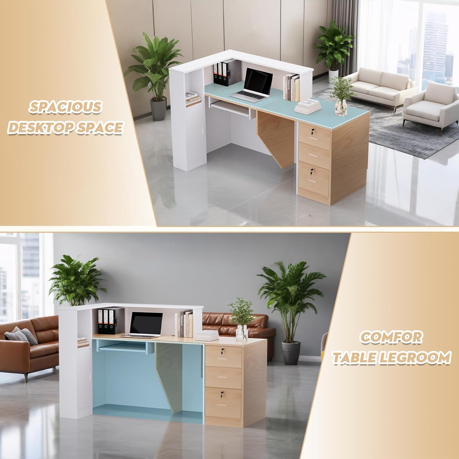 Esheno Modern Wooden L Shaped Reception Desk 71 inch Commercial Counter with Lockable Drawers and Cabinet Plain Wood Color Left Side Storage for Office Lobby School