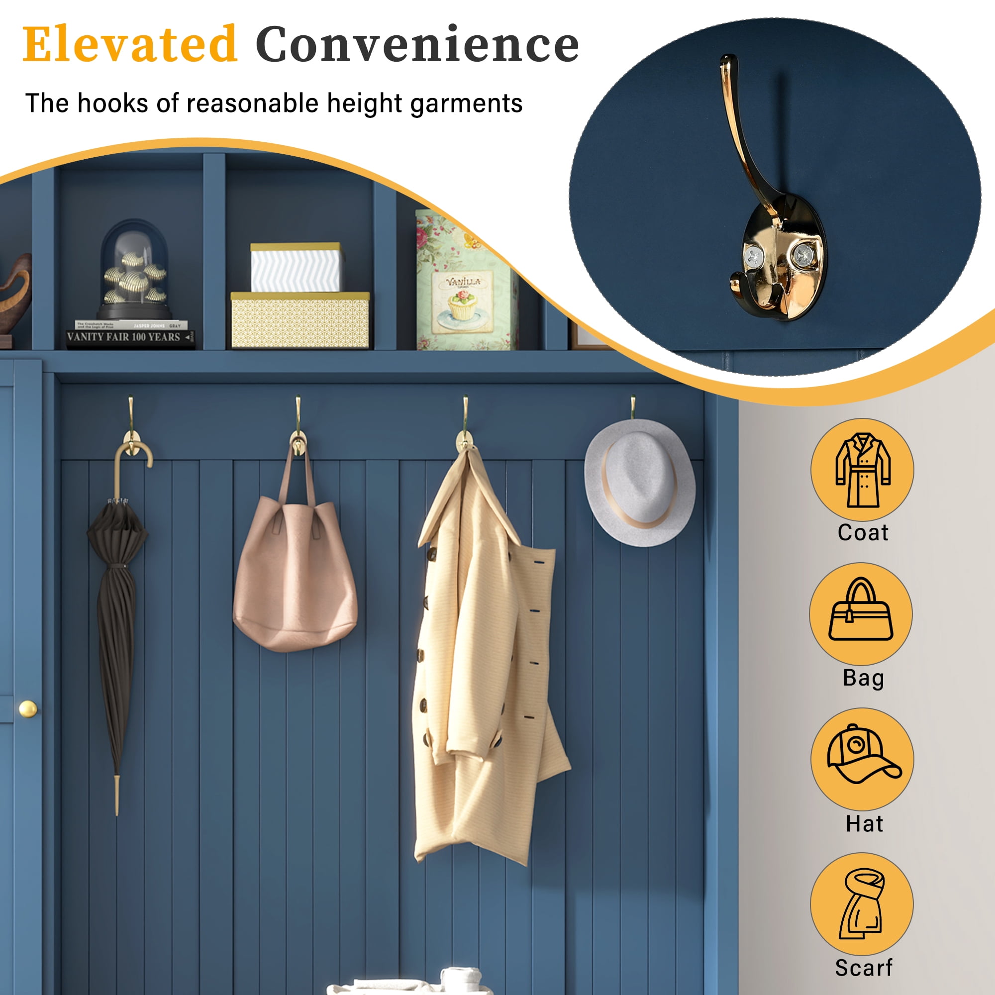 HOQBN 79"H Entryway Hall Tree with 5 Coat Hooks,Shoe Bench & 5 Drawer Storage Cabinet, All-in-One Storage Organizer Coat Rack for Hallway, Living Room,Blue