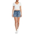 thumbnail image 3 of No Boundaries Juniors’ High Rise Destructed Midi Denim Shorts, 3 of 5