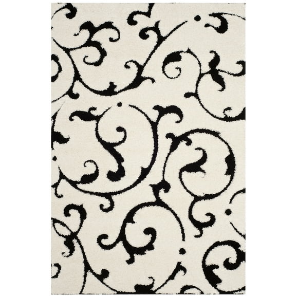 SAFAVIEH Florida Aline Floral Vines Shag Area Rug, Ivory/Black, 5'3" x 7'6"