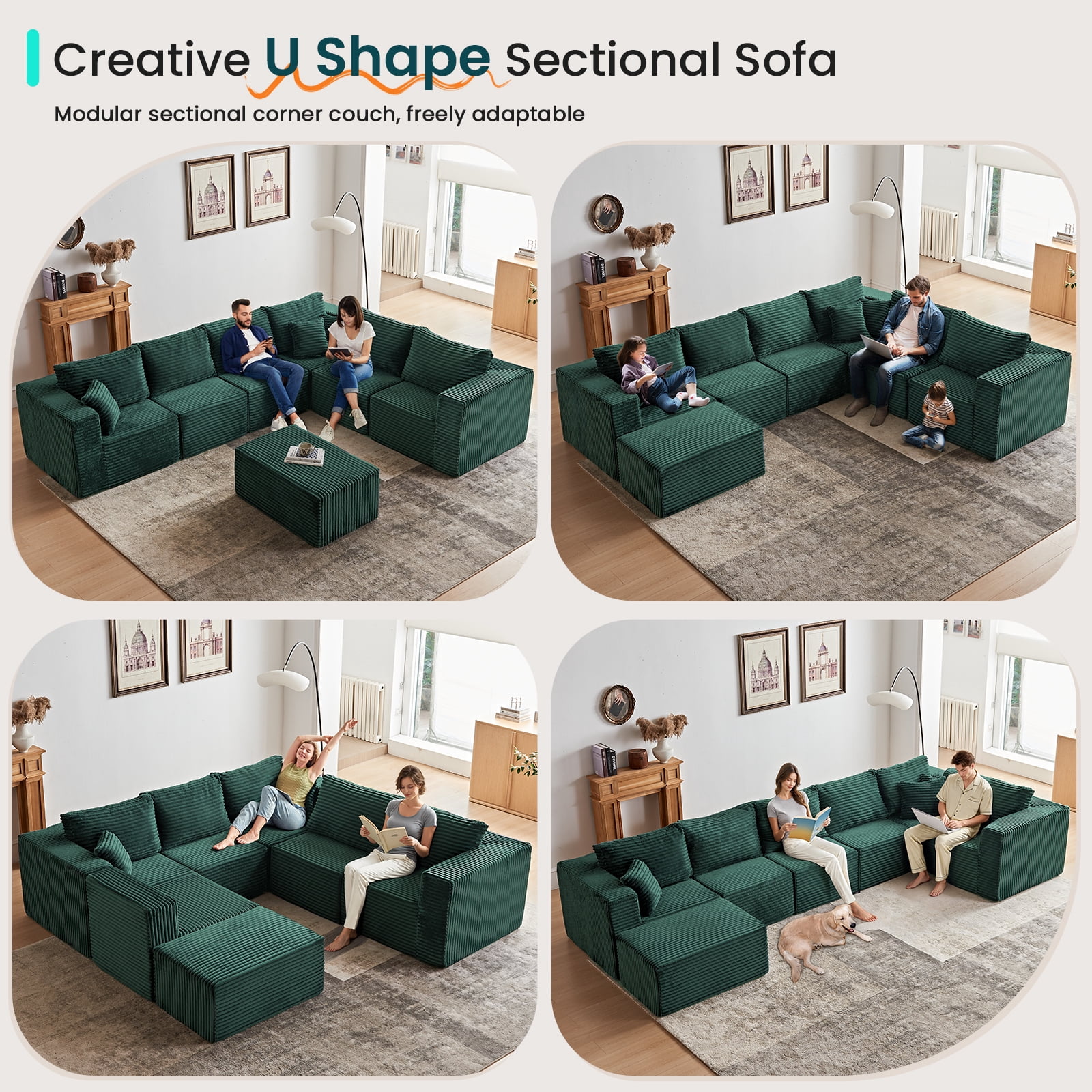 Cozylore 128.3" Oversized Modular Sectional Sofa 7 Seater U Shaped Upholstered Couches Cloud Couch with Deep Seat for Living Room, No Assembly Required, Green