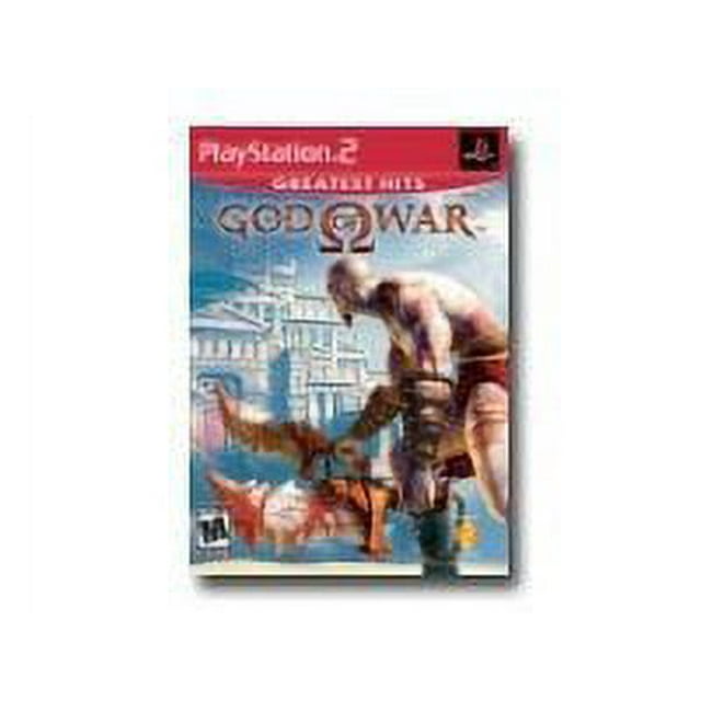 God of War - PlayStation 2 game cover featuring Kratos, a muscular warrior, wielding weapons against a mythological backdrop with ancient architecture. The PlayStation 2 'Greatest Hits' branding is visible at the top.