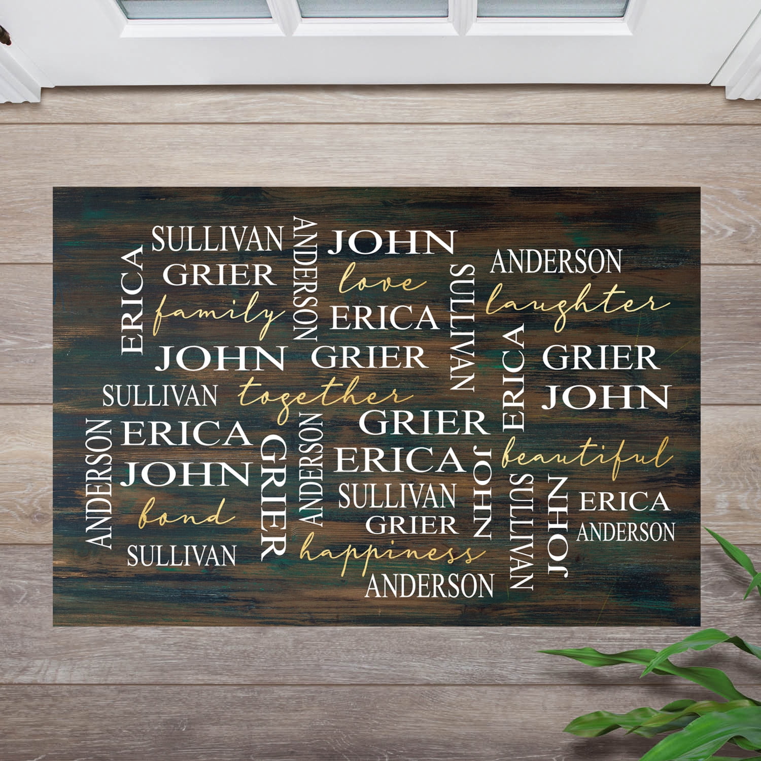 Personalized Planet 27x18 Love Laughter Beautiful Together Happiness Family of 5 Doormat with Custom Names Printed on Brown Rectangular 1/8” Thick Non Slip Mat for Kitchen Hallway Deck or Porch