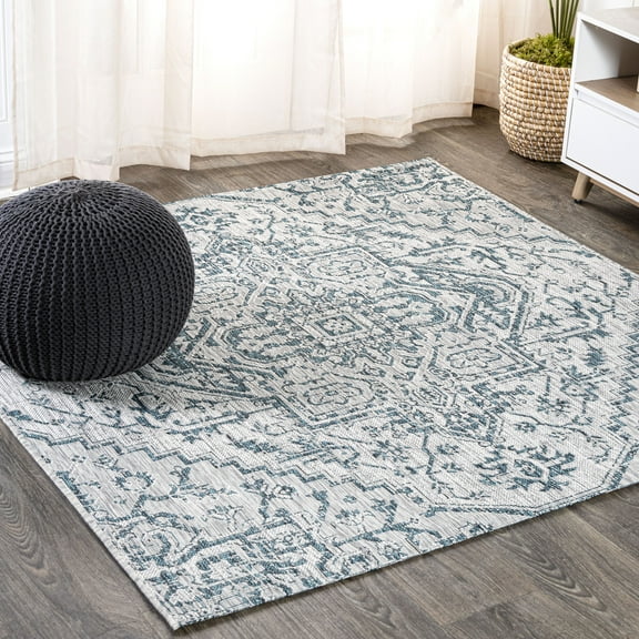 JONATHAN Y SANTA MONICA 8' Square Area Rug, Estrella Bohemian Medallion Textured Weave - Teal/Gray, SMB105C-8SQ