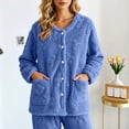 thumbnail image 2 of Women's Sleepwear Cardigan, Fleece Long Sleeve Button Front Jacket with Pockets, Warm Lounge Sleep Top, Cozy Home Indoor Wear | VerBelle,Blue L, 2 of 9