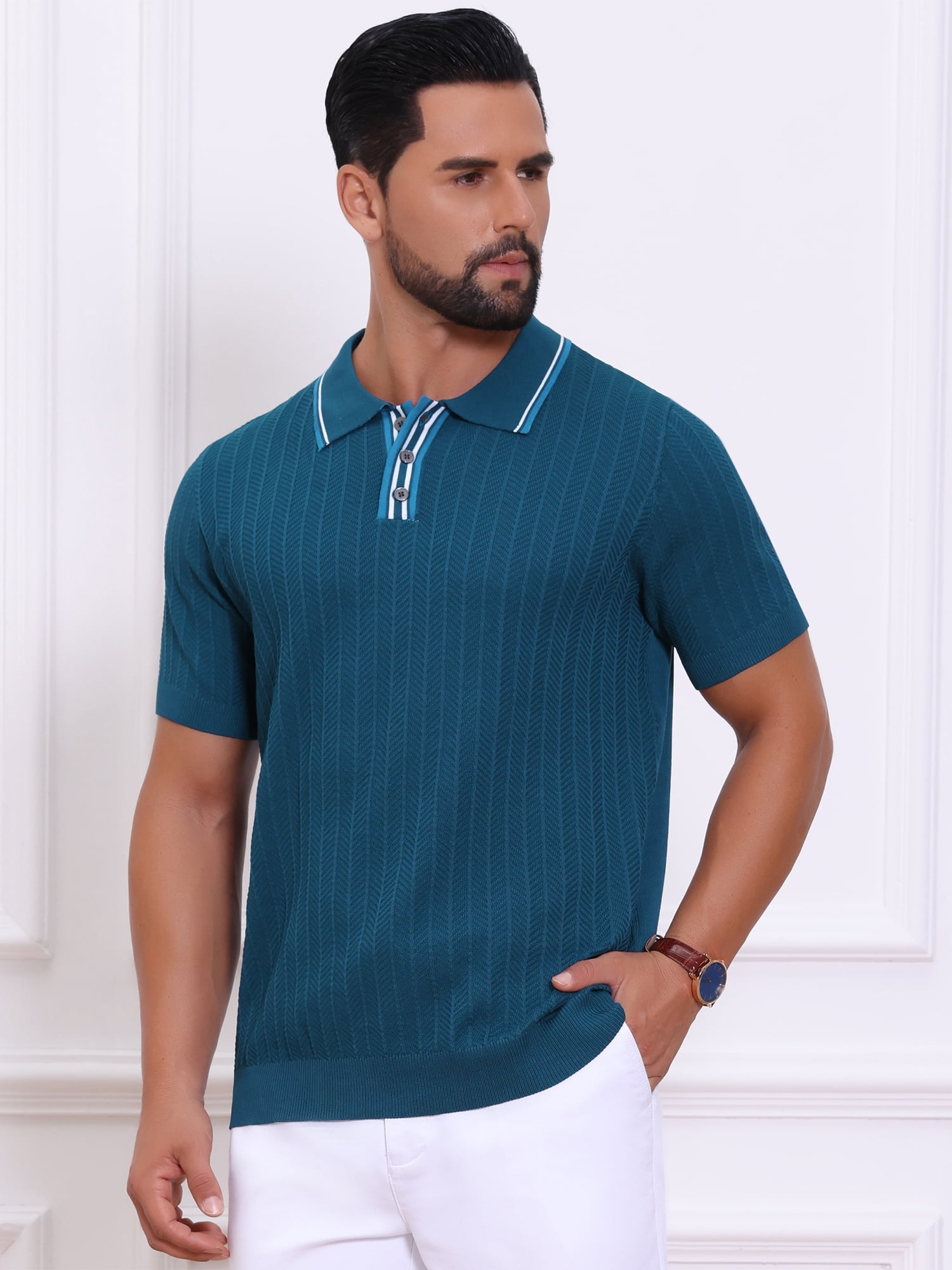 DARING DIVA Men's Knitted Ribbed Hem Short Sleeve Textured Golf Shirts S Royal Blue