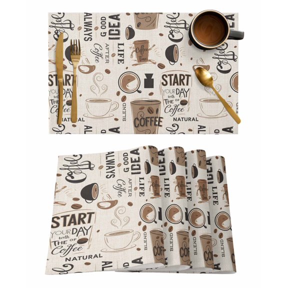 Coffee Cup Placemats Set of 6 Coffee Beans Linen Background Heat Insulation Washable Place Mats, Rustic Non-Slip Table Mats for Dining Table Party Kitchen Decor,13x19 Inch
