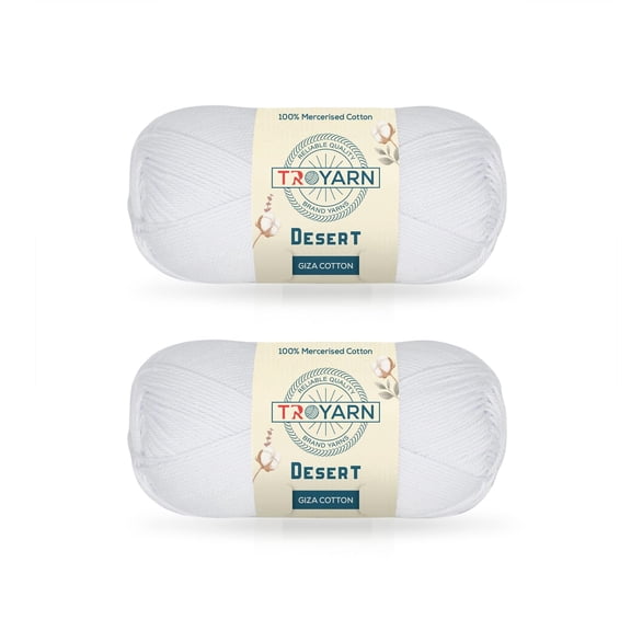 Troyarn Desert Giza Cotton (2- Skeins Pack) 100% Mercerized Giza Cotton Yarn Super Fino Worsted Weight #1 Soft Knitting and Crochet Yarn (2 x 1.76 oz) / (2 x 137 Yds) (11050 - White)