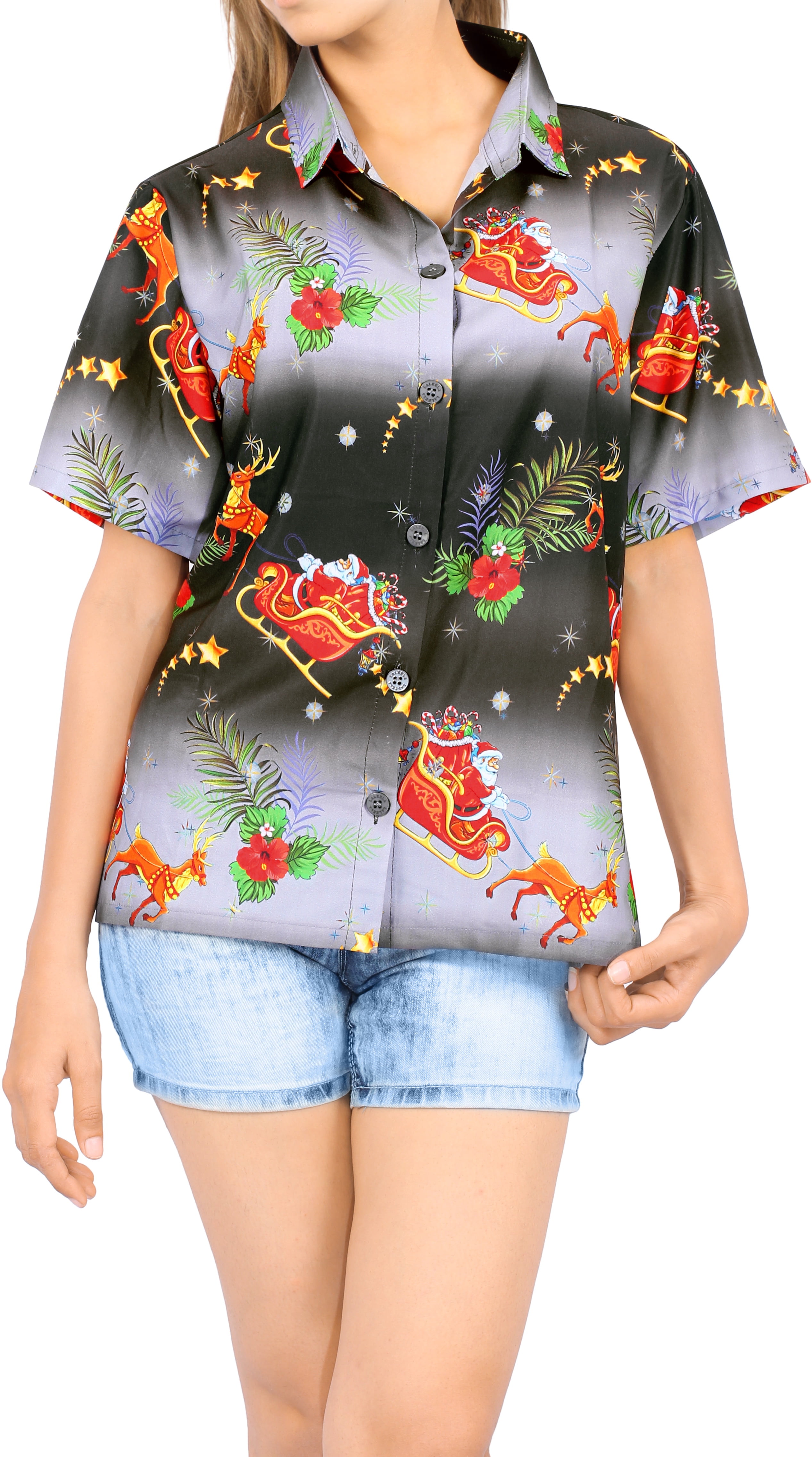 HAPPY BAY Santa Claus 3D Christmas Tree Blouse Button Down Beach Wear Shirt HAPPY BAY Santa Claus 3D Christmas Tree Blouse Button Down Beach Wear Shirt