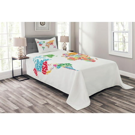 European Style Set World Map Bedspread Set, World Map with Names of the Countries Europe America Africa Asia Graphic Style, Decorative Quilted Coverlet Set with Pillow Shams Included, Multicolor, by Ambesonne ()