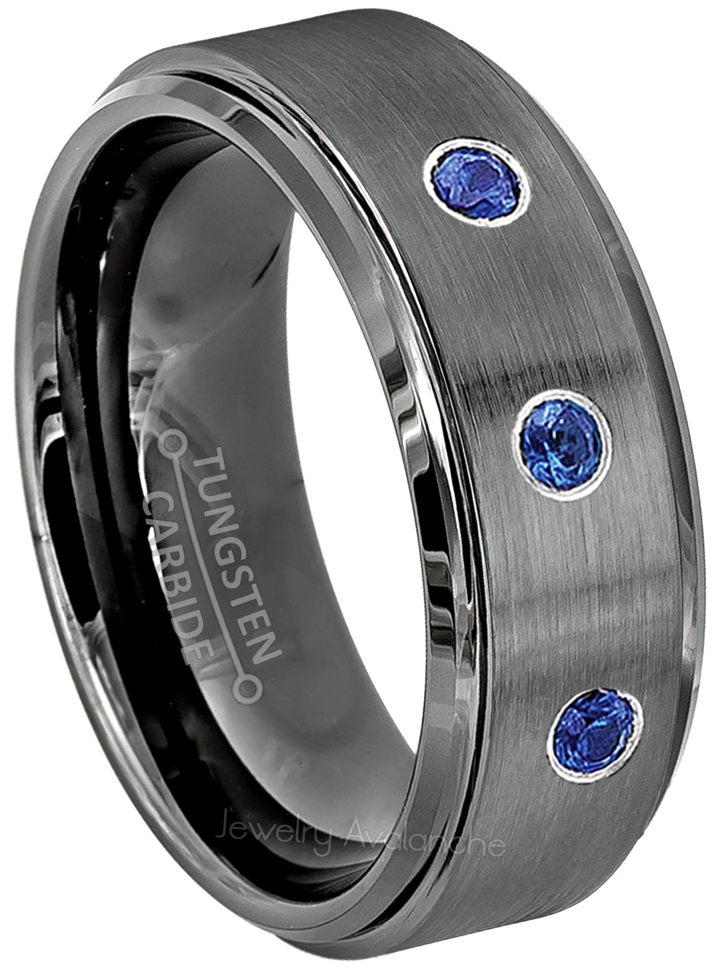 September Birthstone Ring 8MM Brushed Finish Comfort Fit Beveled Edge White Wedding Band 0.21ctw Blue Sapphire 3-Stone Titanium Ring