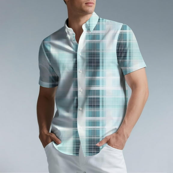 Handshe Mens Button Up Shirts Short Sleeve Plaid Printed Lapel Dress Shirt Vintage Classic Bowling T-Shirts