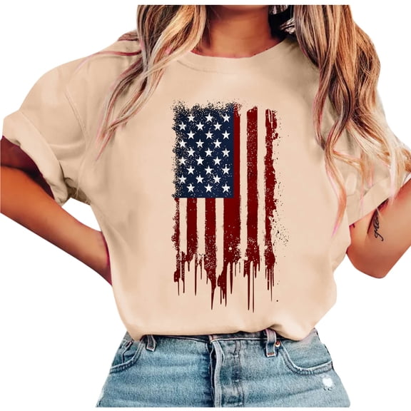 Uaswgudfs Women's Plus Size Patriotic American Flag Glitter Print T Shirts Short Sleeve Crew Neck Casual Tees for Independence Day Beige S