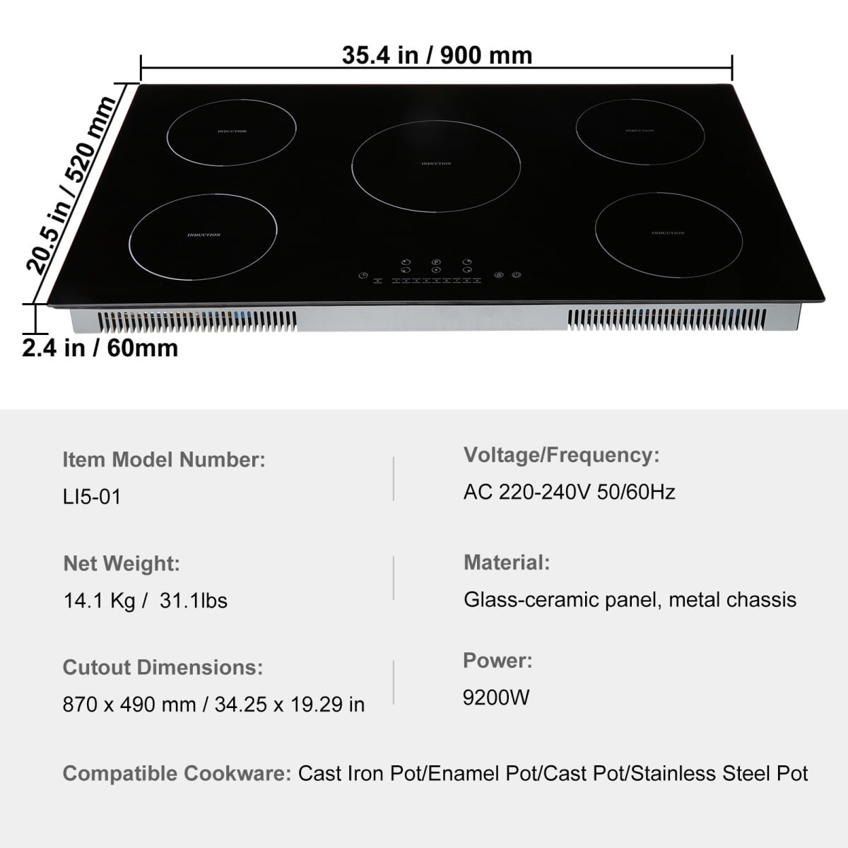 36 Inch Induction Cooktop 5 Burners Electric Stove Top 9200W Built-in Ceramic Cooktop with LED Touch Control Child Lock Safety
