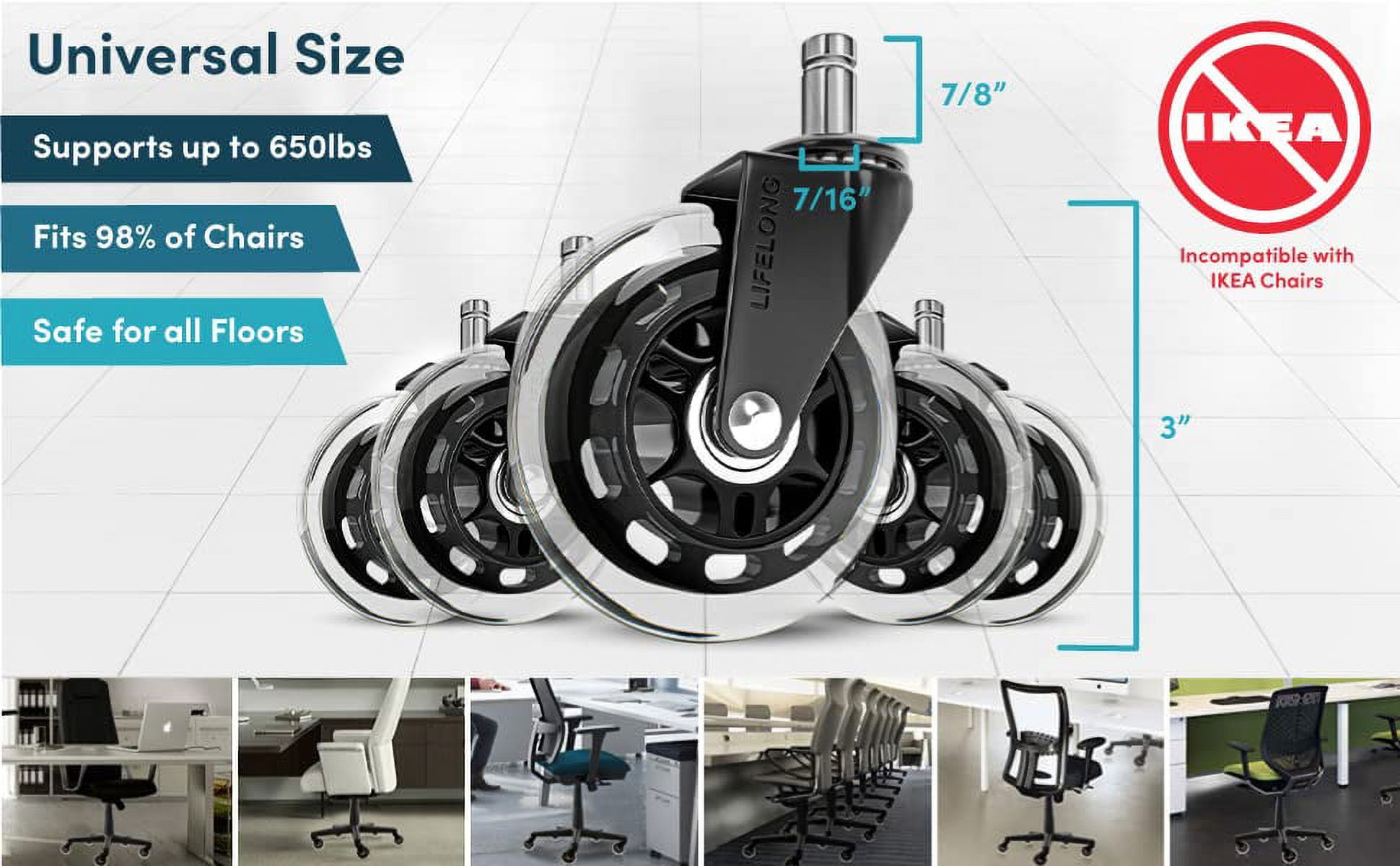 Office Chair Wheels Replacement Rubber Chair casters for Hardwood Floors and Carpet, Set of 5, Heavy Duty Office Chair Desk casters for Chairs to Replace Office Chair mats - Universal fit