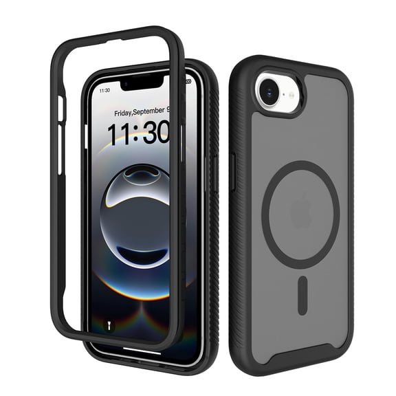 ELEHOLD Full Body Case for iPhone 16e/17e, 360 Shockproof Semi-Transparent Matte Black Cover with Front Frame, Compatible MagSafe Accessories,Black