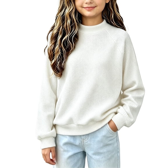 BLVB Girls Mock Neck Pullover Sweaters Kids Long Sleeve Waffle Knit Jumper Tops Casual Sweatshirts Teen Girl Fall Clothes(White,15-16 Years)