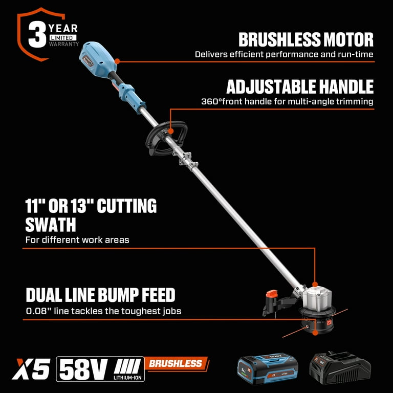 SENIX 58V Max* 13-Inch Cordless String Trimmer, Dual Line