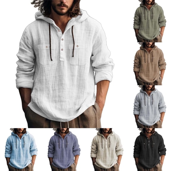 Men’s Long Sleeve Hooded Cotton Linen Shirt Solid Color Casual Spring Autumn Top