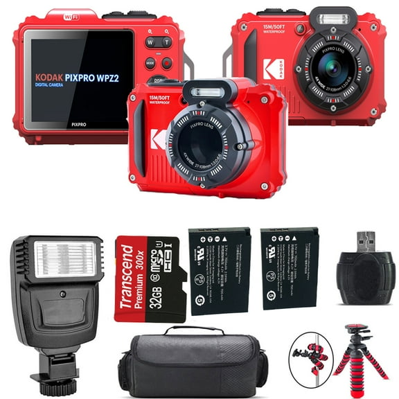 Kodak PIXPRO WPZ2 Digital Camera (Red)   Extra Battery   Flash - 32GB Kit