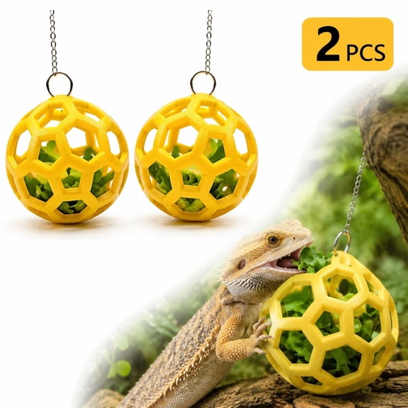 2 Pack Hanging Feeder Ball for Lizards Reptile Habitat Cage Accessory Yellow