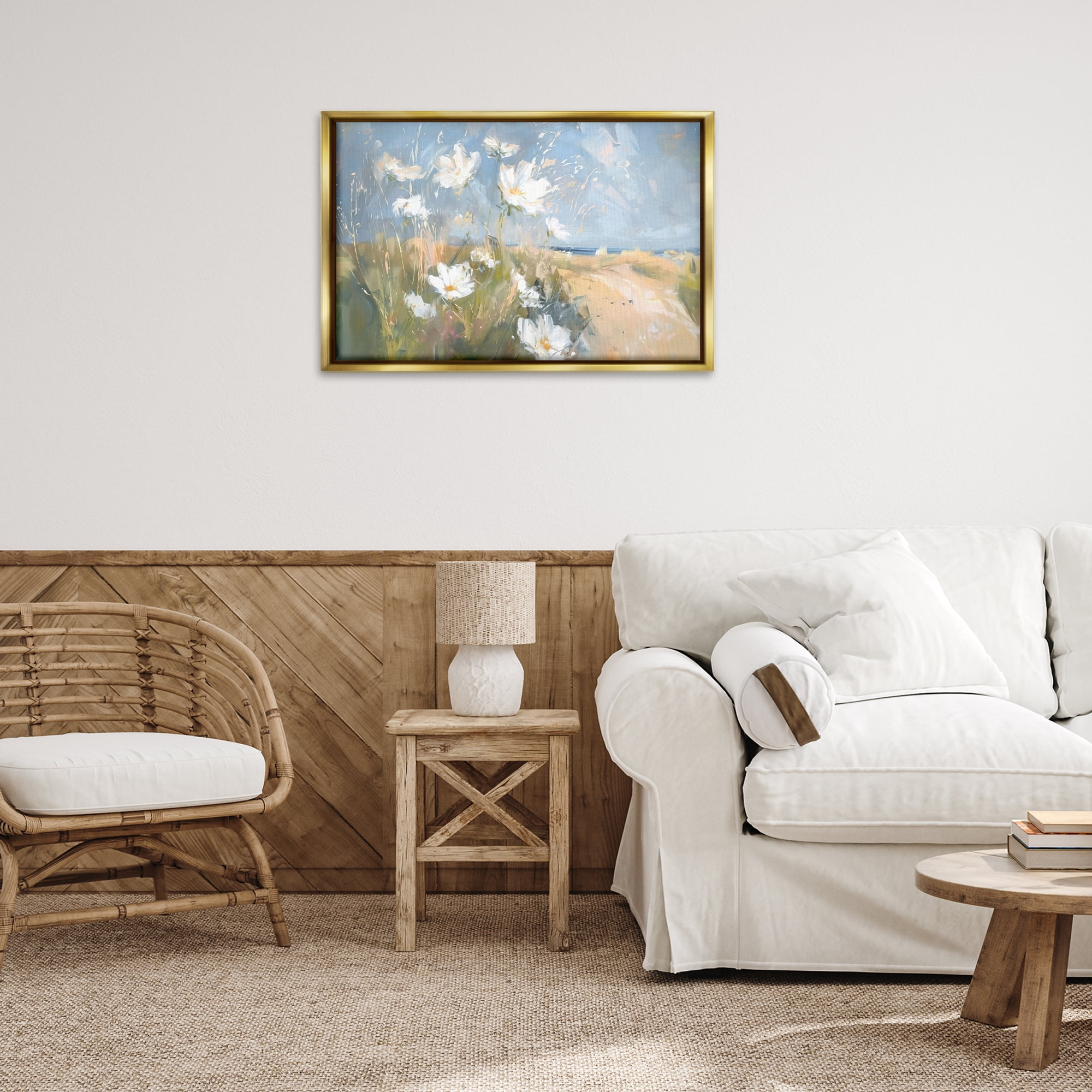 Stupell Industries Seaside Wildflowers Scenery Botanical & Floral Painting Gold Floater Framed Canvas Art Print Wall Art, 31 x 21