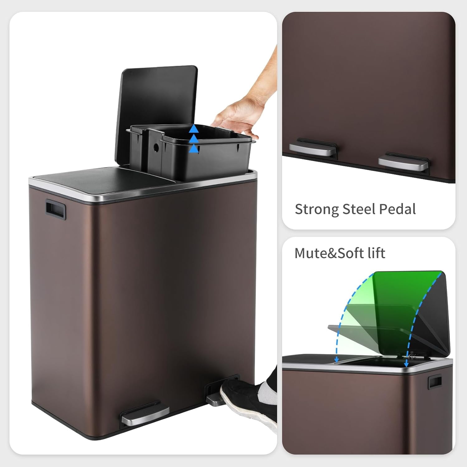 Arlopu Stainless Steel Dual Trash Can, 16 Gallon/60L Recycling Bin Step Garbage Can with 2 Compartments, Soft Close Lid