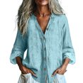 thumbnail image 2 of Nmnitkp Long Sleeve Shirts for Women Cotton Linen Button Down Shirt Stand V Neck Roll Up Long Sleeve Loose Fit Casual Blouse for Fall Work Daily Loungewear Light Blue,XL, 2 of 7