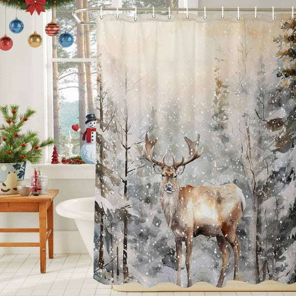 Shower Curtain Bathroom Set Christmas Watercolor Reindeer Waterproof Fabric Shower Curtains with Grommets&Hooks Winter Forest Snow Scene Privacy Bath Curtain for Bathtub 36x72in