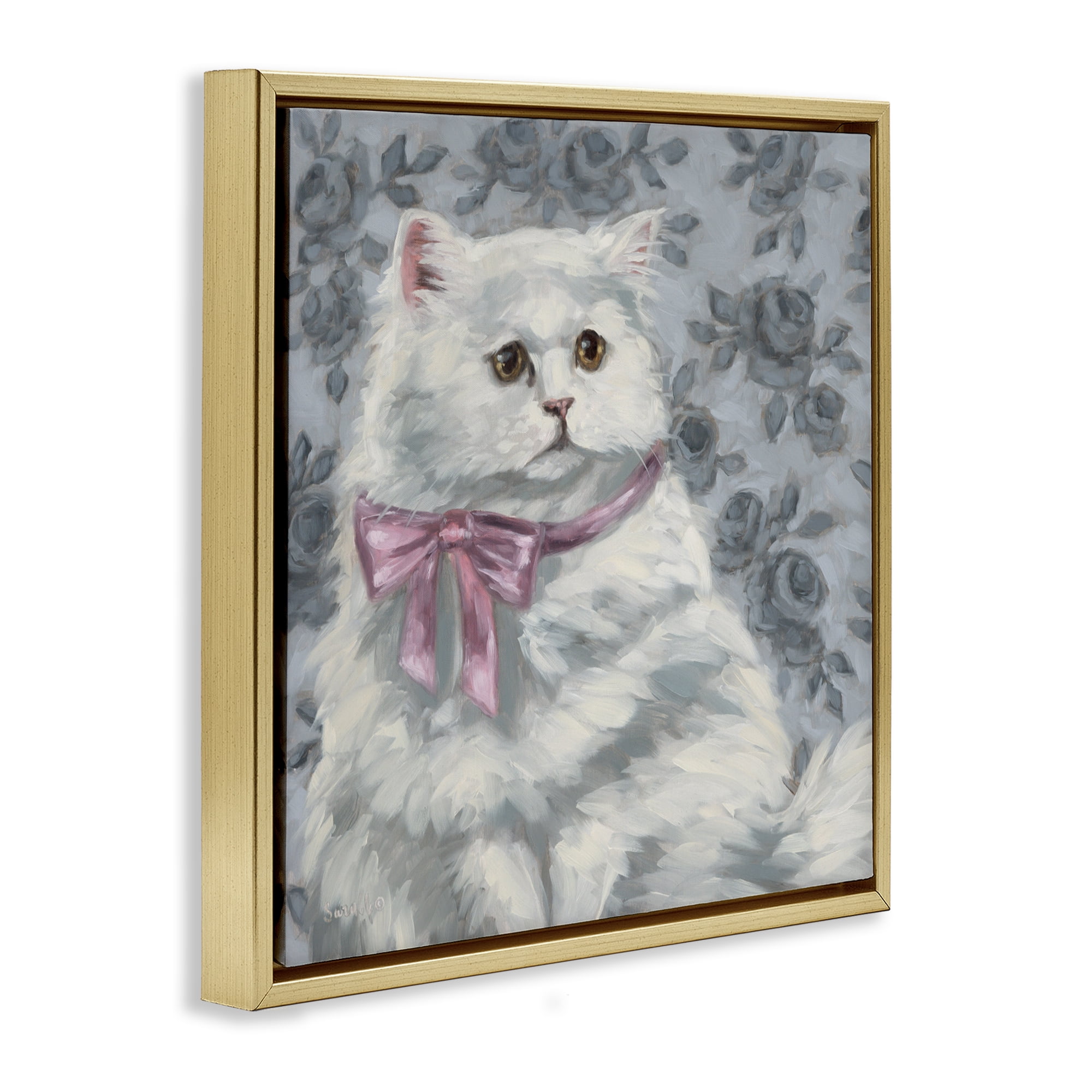 Stupell Industries Coquette Kitty Portrait Gold Framed Floater Canvas Wall Art, design by Sara G. Designs