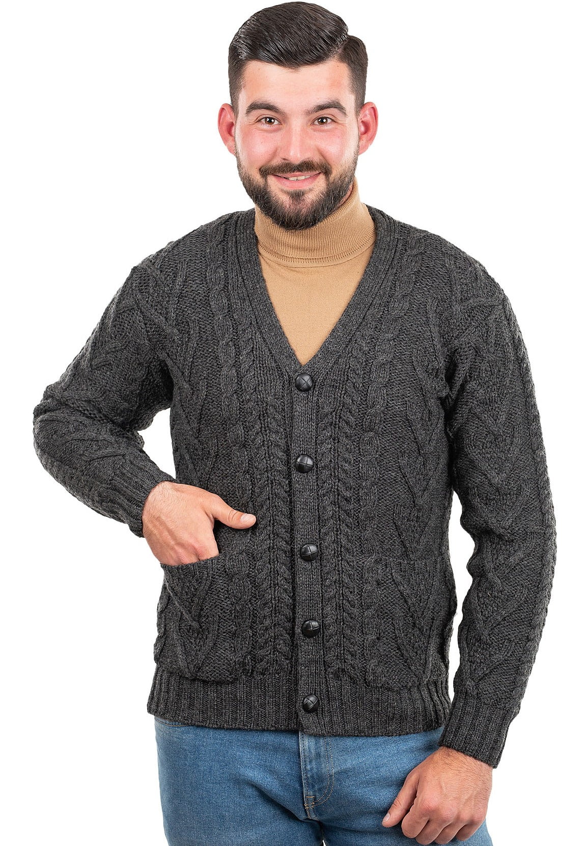 SAOL Aran Cable Knit Fisherman Cardigan Sweater 100 Merino Wool Men's