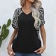 thumbnail image 5 of Camiseta de mujer con estampado de leopardo, camiseta de manga corta con cuello en V, camiseta informal para uso en interiores y exteriores, negro S, 5 of 8