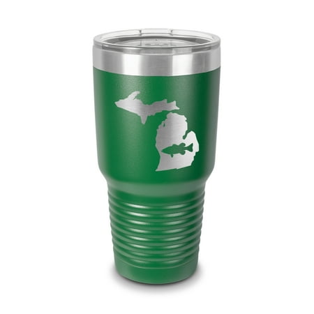 

Michigan Bass Tumbler 30 oz - Laser Engraved w/ Clear Lid - Stainless Steel - Vacuum Insulated - Double Walled - Travel Mug - state shaped largemouth fishing fish mi - Green
