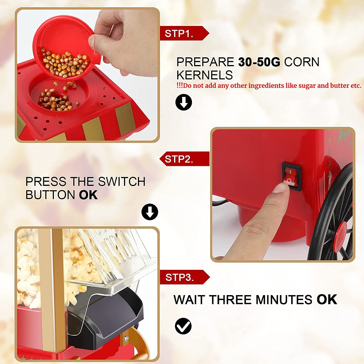  BHDK Hot Air Popcorn Machine, 1200W Red Retro Professional  Automatic Popcorn Cart with Measuring Spoon, Healthy Tabletop Popcorn  Maker, Household Corn Popper for Party Movie Nights Birthday Gift(US): Home  & Kitchen