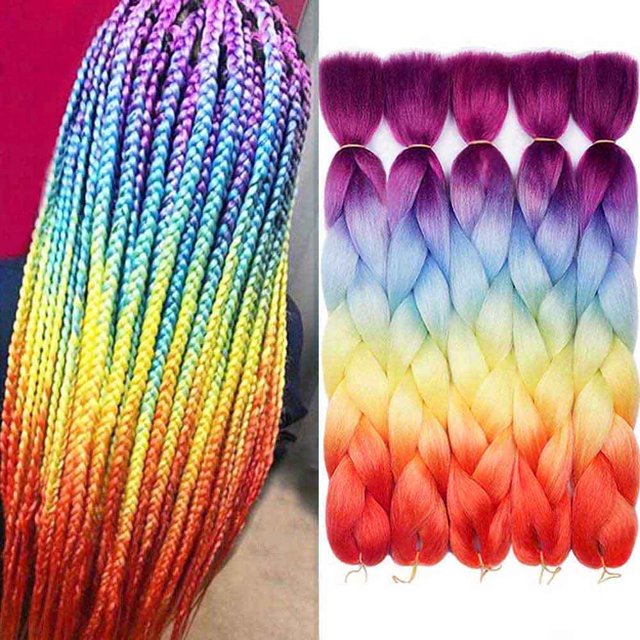 Aidusa pelo trenzado ombre trenzado pelo sintético colorido trenzado 4 tonos para mujeres arco iris trenzado pelo 5 piezas trenzas de ganchillo torcido 5 extensiones de cabello 24 pulgadas 3.53 oz (#6