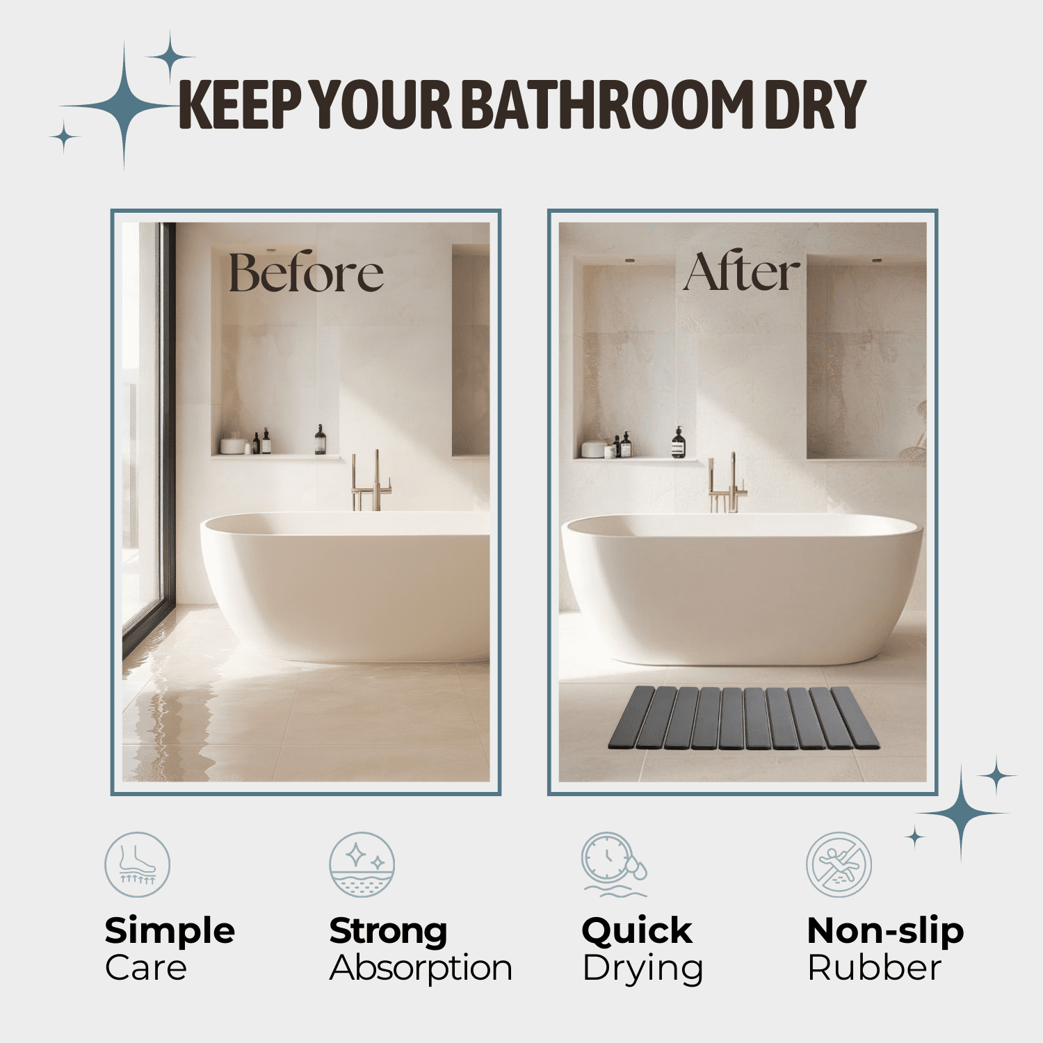 Easymora Foldable Stone Bath Mat – Large 24"x16" Diatomaceous Earth Quick Dry Non-Slip Shower Mat, Super Absorbent & Easy Clean, Dark Gray