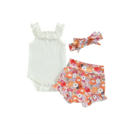 

Baby Girls 3Pcs Summer Outfits Ruffle Strap Romper + Floral Shorts + Headband Set（0-18Months）